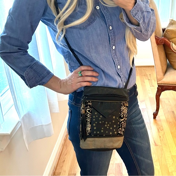 Leather and Suede Mixed Media Black and Gold Handbag Crossbody - Picture 10 of 10